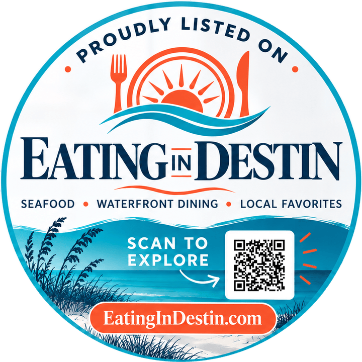 Circular Eating in Destin window decal that reads Proudly listed on Eating in Destin.