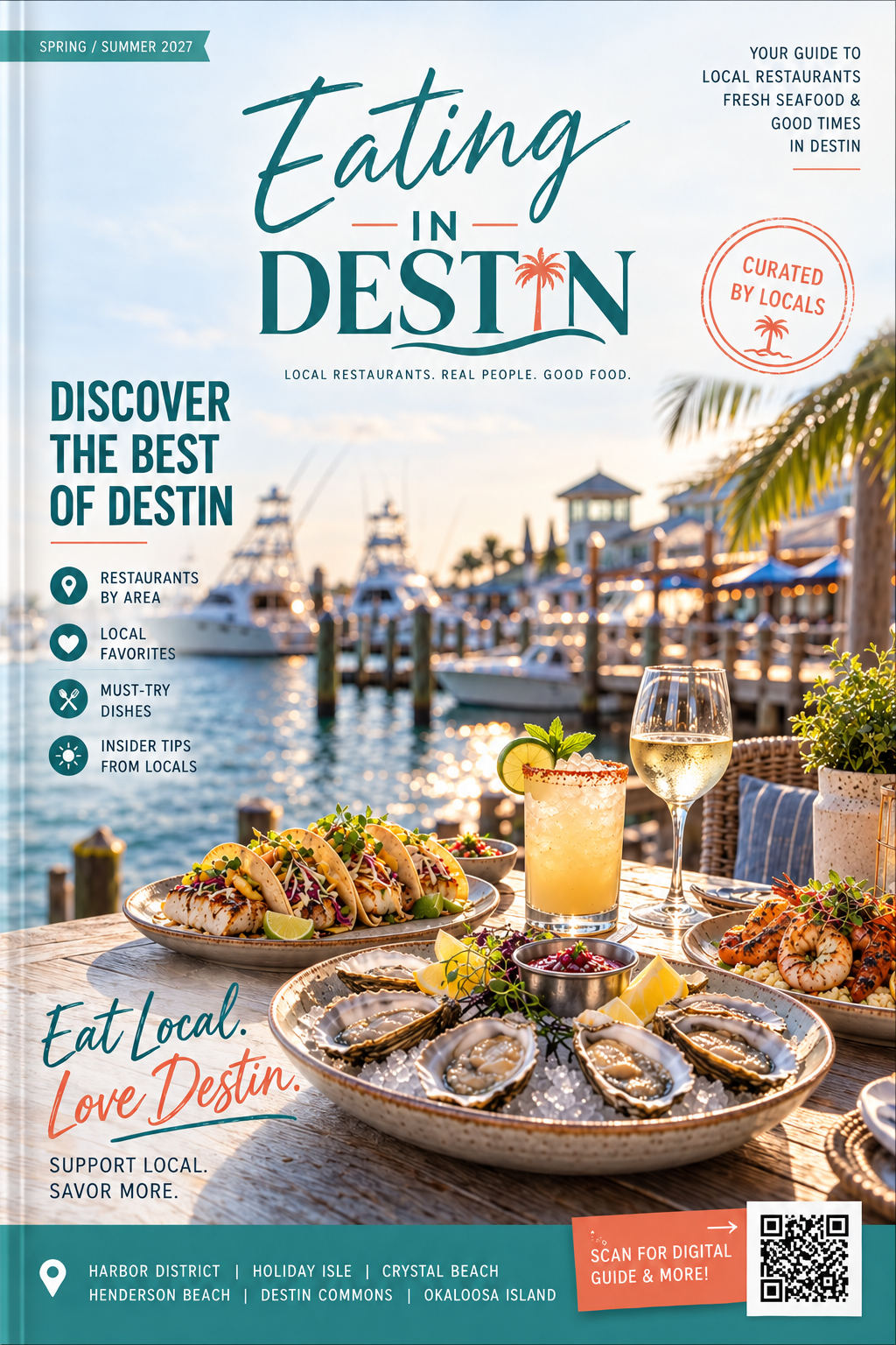 Spring/Summer 2027 cover of Eating in Destin, with oysters, fish tacos, and cocktails on a table at Destin Harbor.