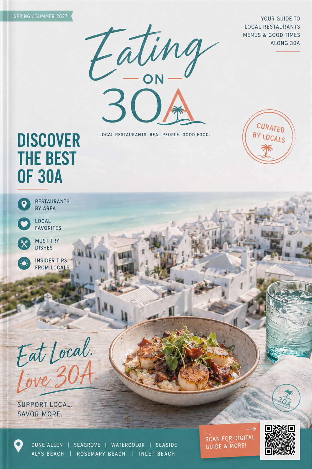 Spring/Summer 2027 cover of Eating on 30A, with seared scallops in front of white beach houses along the Gulf.