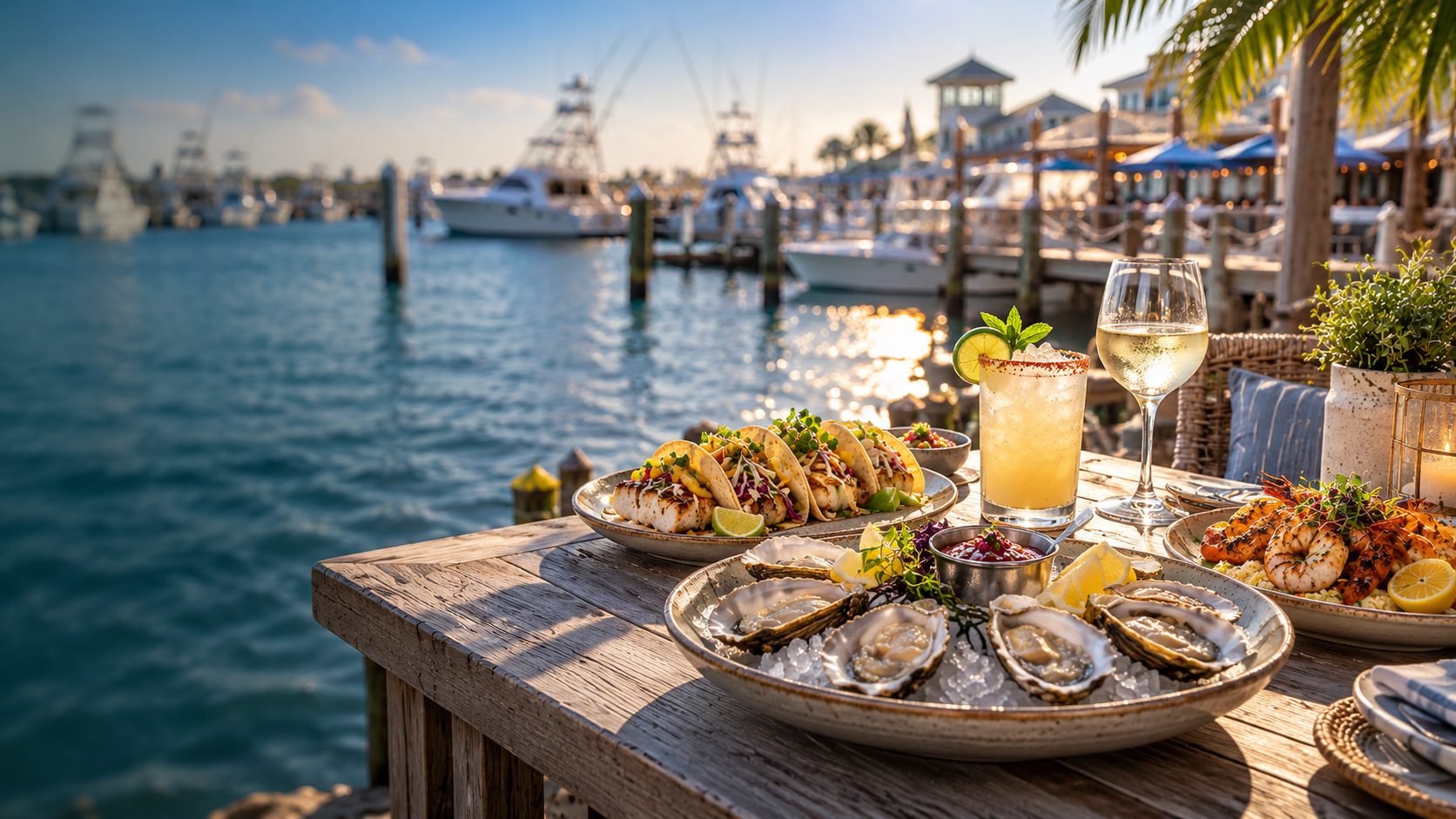 Fishing boats in Destin Harbor with a spread of shrimp, oysters, and fresh fish.